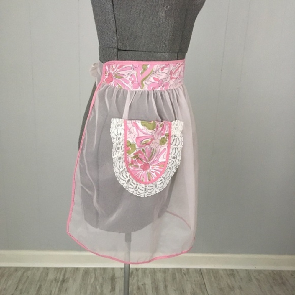 Vintage Pink Half Apron Sheer Chiffon Abstract Lace Tie Back Hostess - Picture 9 of 15